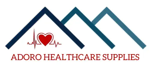 Logo with three stylized roof shapes above a heart featuring a heartbeat line and the text Adoro Healthcare Supplies