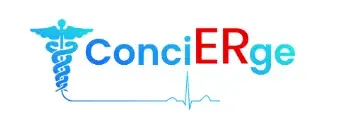 Logo with the text ConciERge featuring a caduceus symbol and an electrocardiogram line below.