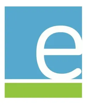 A white lowercase letter 'e' centered on a blue square background with a green rectangular strip below