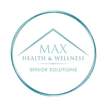 Circular logo with teal outline featuring a roof-like symbol above the text 'MAX HEALTH & WELLNESS SENIOR SOLUTIONS'.