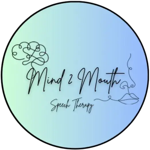 A circular logo with a gradient blue and green background showing a stylized brain outline connected by a continuous line to a minimalist face profile with the text 'Mind 2 Mouth' and 'Speech Therapy' below.