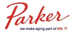 Logo with the brand name Parker in red cursive and the tagline we make aging part of life below, with life in red.