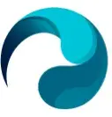 Stylized circular logo with two interlocking blue teardrop shapes forming a swirl pattern.