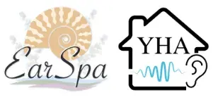 Two logos side by side featuring ear and sound wave graphics, including 'Ear Spa' and 'YHA' text with a house outline.