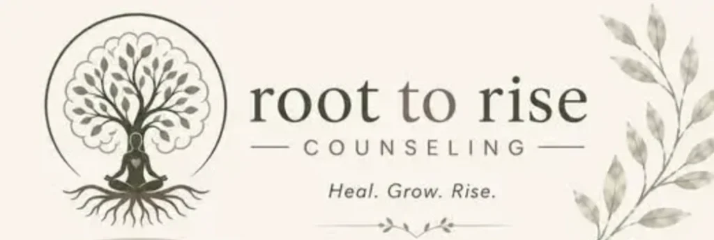 Logo featuring a person in meditative pose integrated with a tree showing branches, leaves, and roots alongside the text 'root to rise COUNSELING' and the tagline 'Heal. Grow. Rise.'